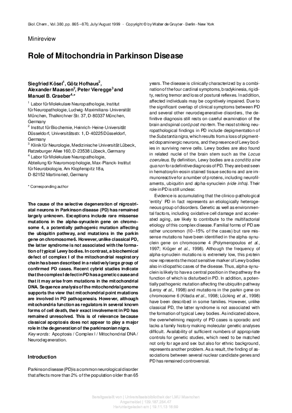 (PDF) Role of Mitochondria in Parkinson Disease