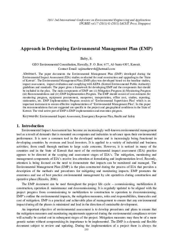 (PDF) Approach in Developing Environmental Management Plan (EMP)