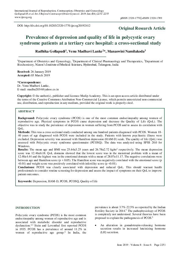 (PDF) Prevalence of depression and quality of life in polycystic ovary ...