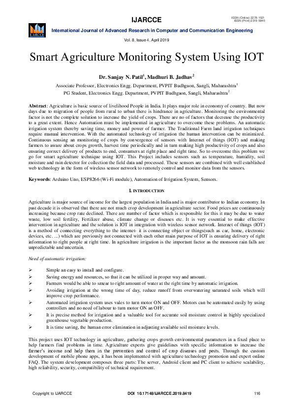 (PDF) Smart Agriculture Monitoring System Using IOT
