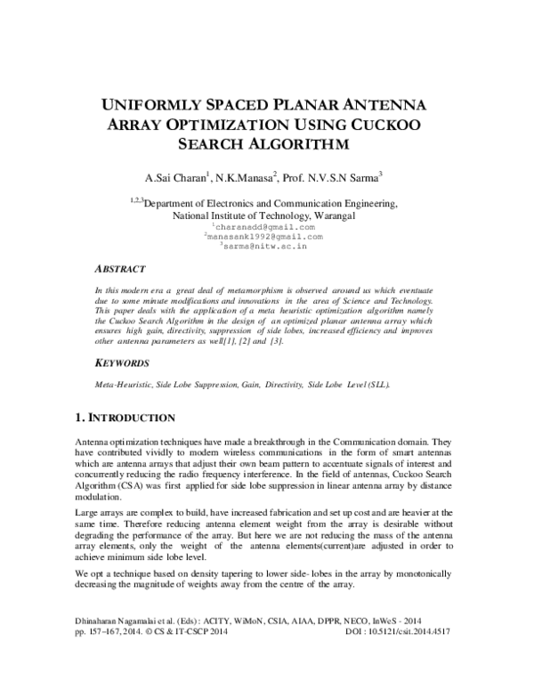 (PDF) Uniformly Spaced Planar Antenna Array Optimization Using Cuckoo ...