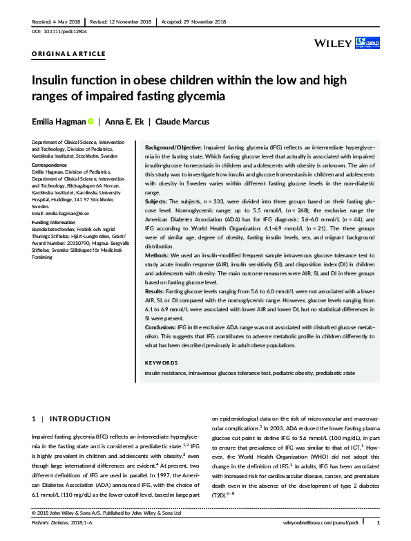 (PDF) Insulin function in obese children within the low and high ranges ...