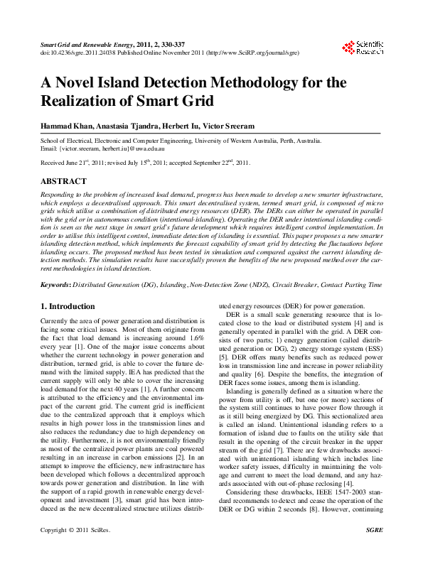 (PDF) A Novel Island Detection Methodology for the Realization of Smart ...