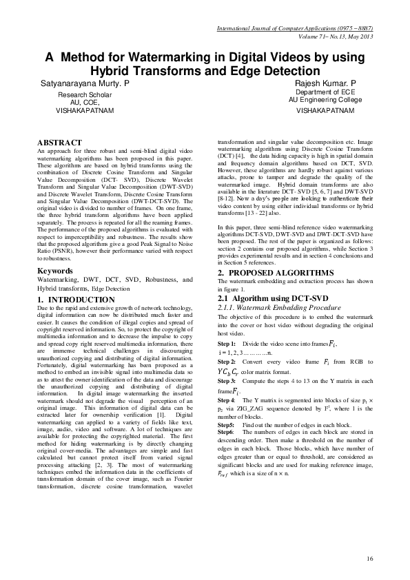 (PDF) A Method for Watermarking in Digital Videos by using Hybrid ...