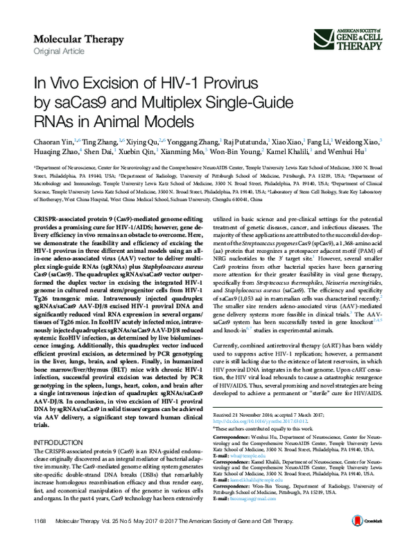 (PDF) In Vivo Excision of HIV-1 Provirus by saCas9 and Multiplex Single ...