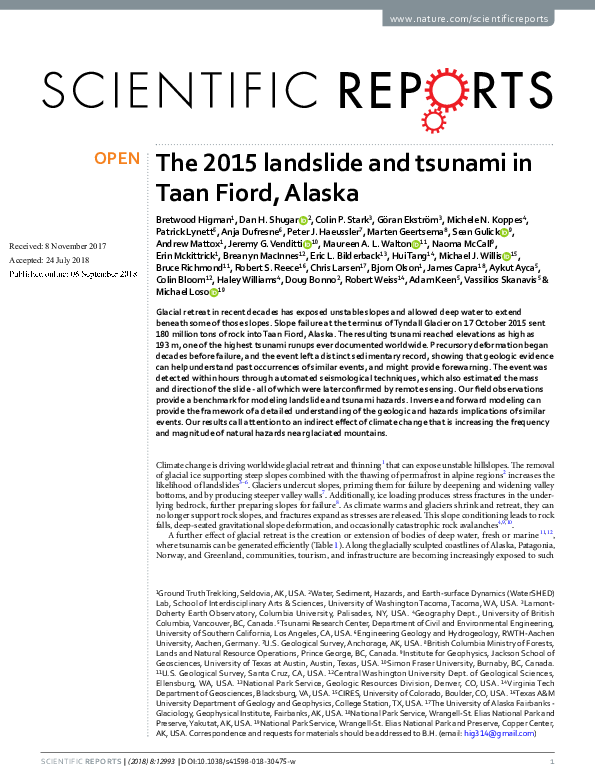 (PDF) The 2015 landslide and tsunami in Taan Fiord, Alaska