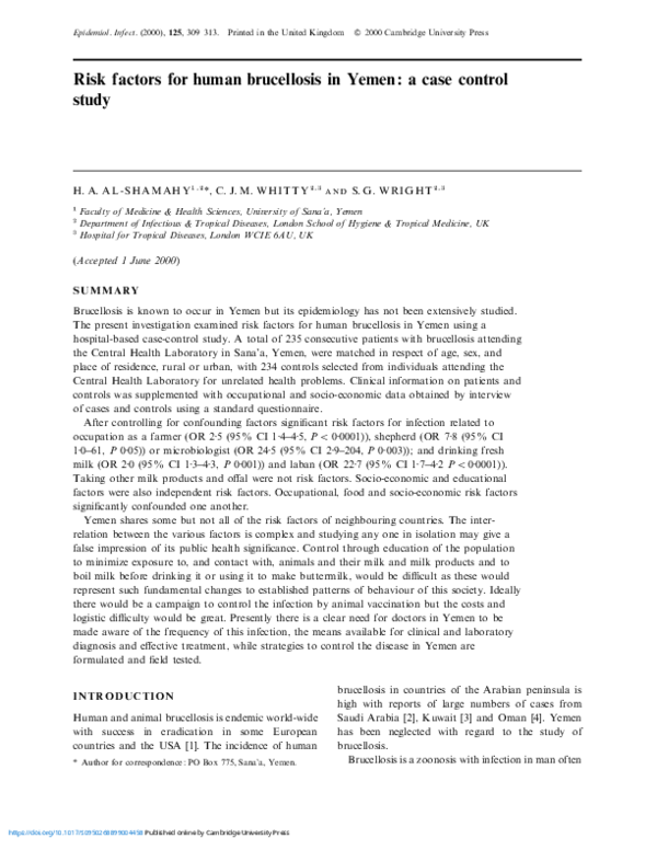 (PDF) Risk factors for human brucellosis in Yemen: a case control study