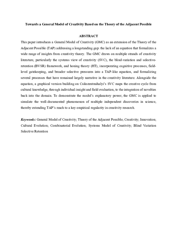 (PDF) Towards a General Model of Creativity Based on the Theory of the ...