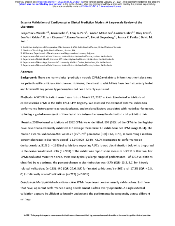 (PDF) External Validations of Cardiovascular Clinical Prediction Models ...