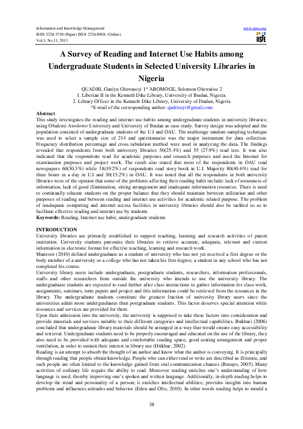 (PDF) A Survey of Reading and Internet Use Habits among Undergraduate ...