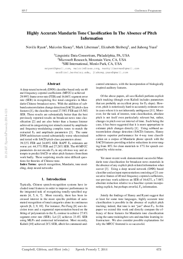 (PDF) Highly Accurate Mandarin Tone Classification In The Absence of ...