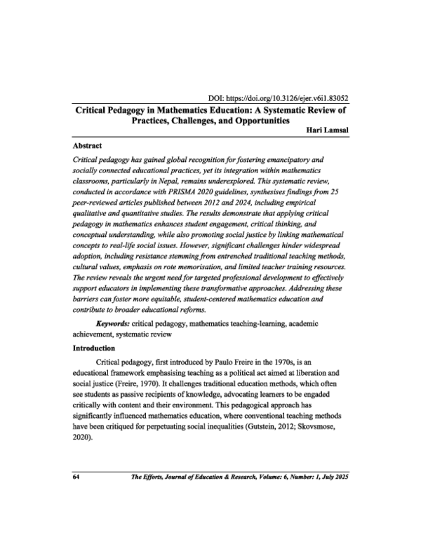 (PDF) Critical Pedagogy in Mathematics Education: A Systematic Review ...