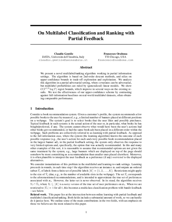 (PDF) On Multilabel Classification and Ranking with Partial Feedback