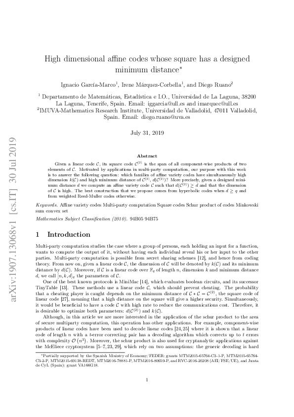 (PDF) High dimensional affine codes whose square has a designed minimum ...