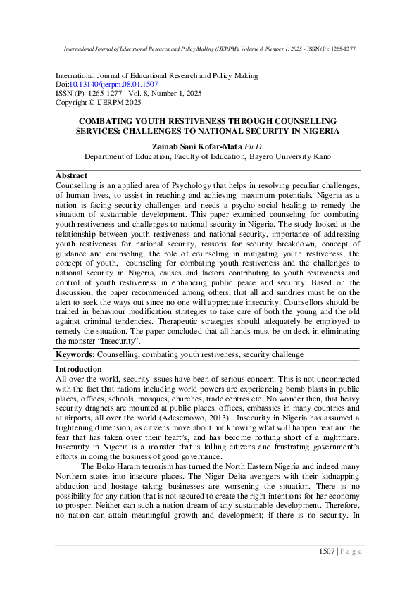 (PDF) COMBATING YOUTH RESTIVENESS THROUGH COUNSELLING SERVICES ...