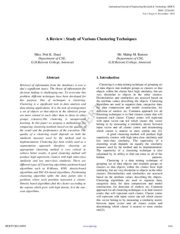 (PDF) A Review : Study of Various Clustering Techniques