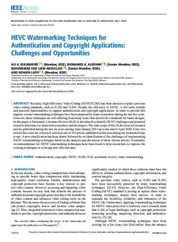 (PDF) HEVC Watermarking Techniques for Authentication and Copyright ...