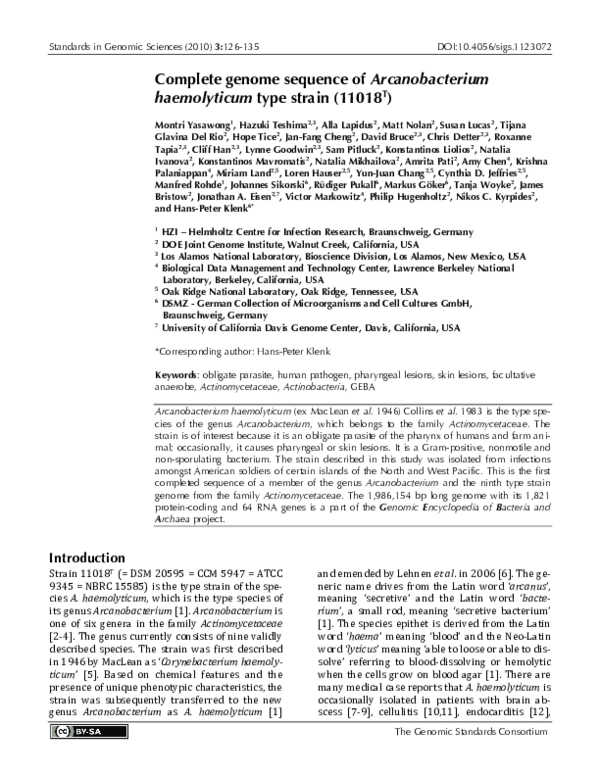 (PDF) Complete genome sequence of Arcanobacterium haemolyticum type ...