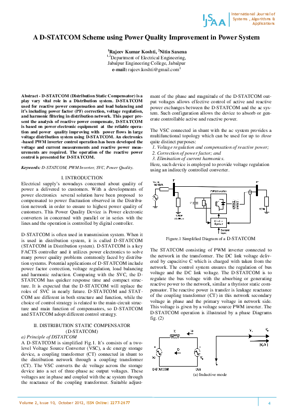 (PDF) A D-STATCOM Scheme using Power Quality Improvement in Power System