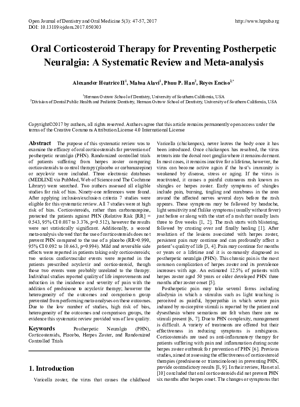 (PDF) Oral Corticosteroid Therapy for Preventing Postherpetic Neuralgia ...