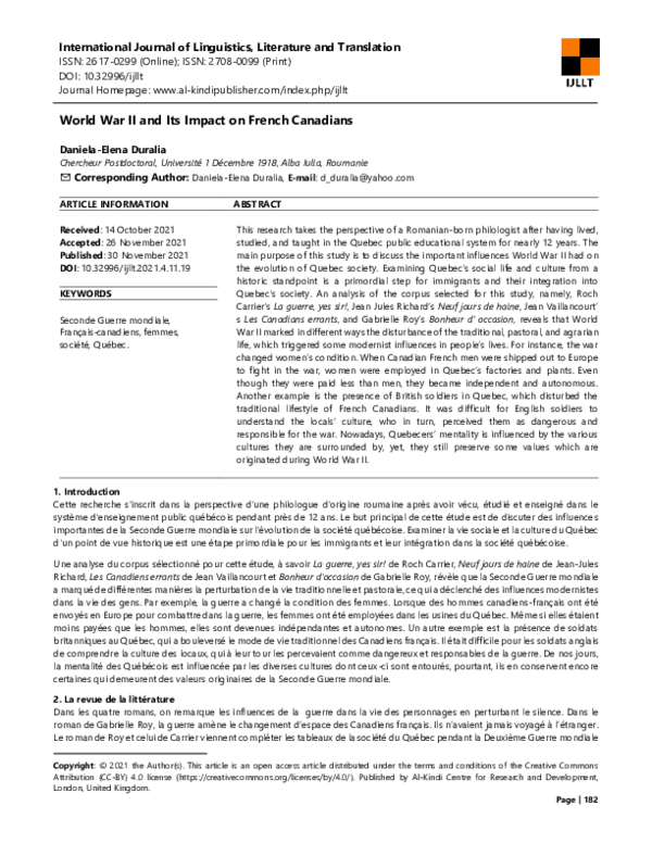 (PDF) World War II and Its Impact on French Canadians