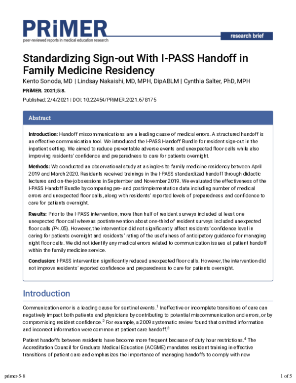 (PDF) Standardizing Sign-out With I-PASS Handoff in Family Medicine ...