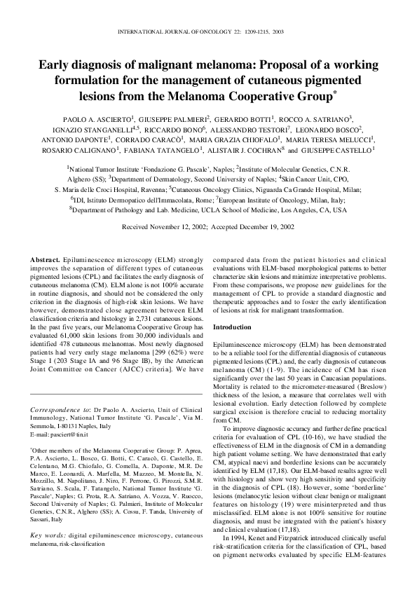 (PDF) Early diagnosis of malignant melanoma: Proposal of a working ...