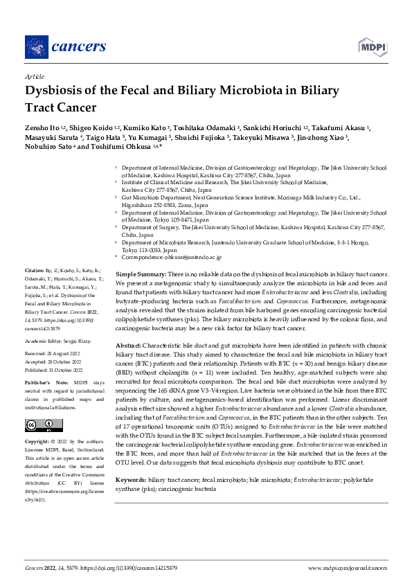(PDF) Dysbiosis of the Fecal and Biliary Microbiota in Biliary Tract Cancer