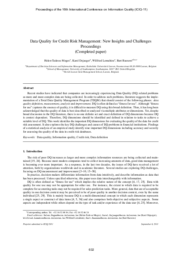 (PDF) Data quality for credit risk management: new insights and challenges