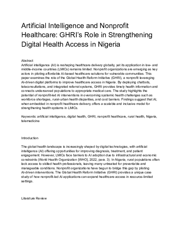 (PDF) Artificial Intelligence and Nonprofit Healthcare: GHRI's Role in ...