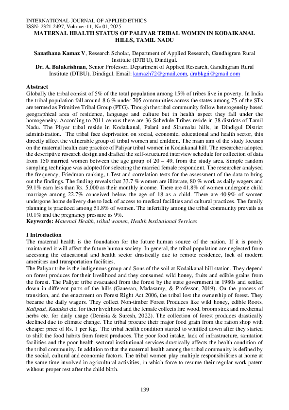 (PDF) MATERNAL HEALTH STATUS OF PALIYAR TRIBAL WOMEN IN KODAIKANAL ...