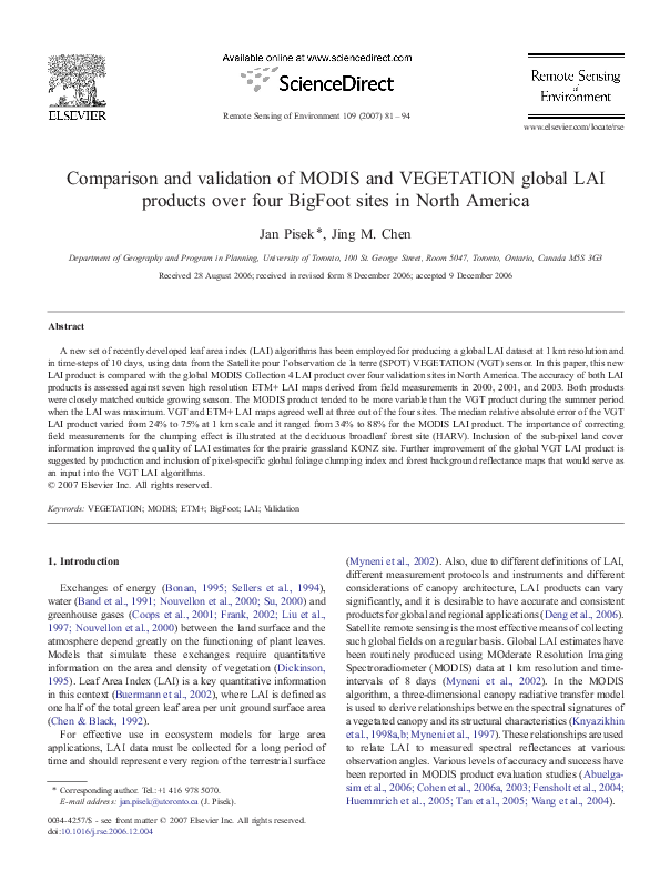 (PDF) Comparison and validation of MODIS and VEGETATION global LAI ...