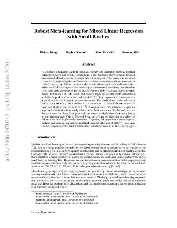(PDF) Robust Meta-learning for Mixed Linear Regression with Small Batches