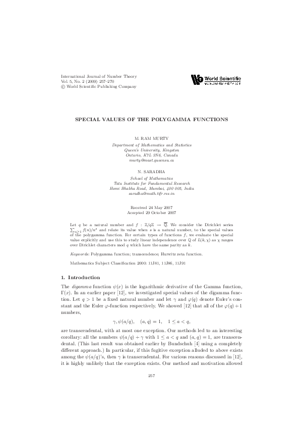 (PDF) Special Values of the Polygamma Functions
