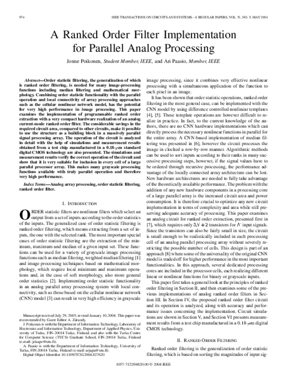 (PDF) A Ranked Order Filter Implementation for Parallel Analog Processing