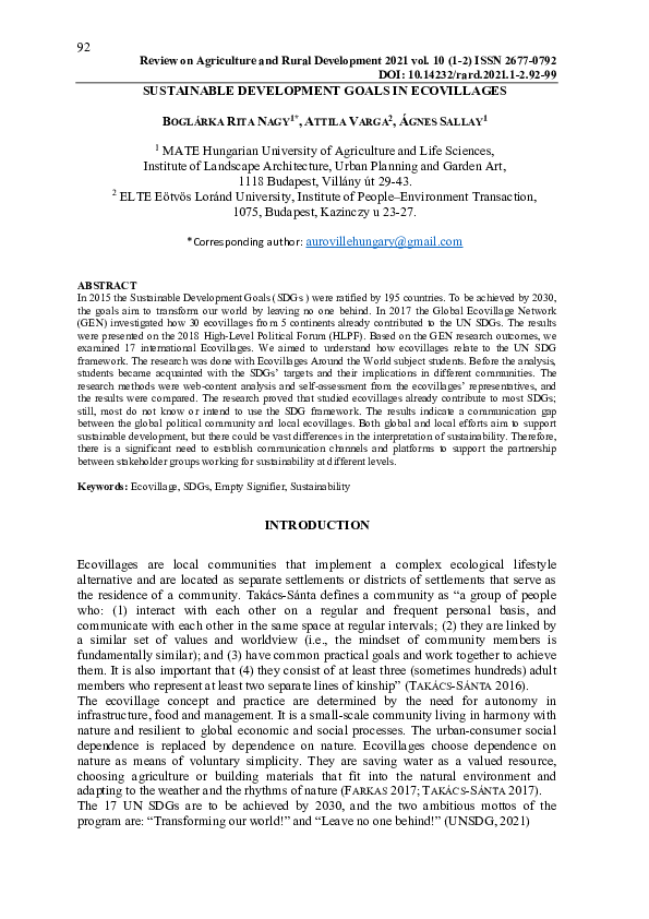 (PDF) Sustainable Development Goals In Ecovillages