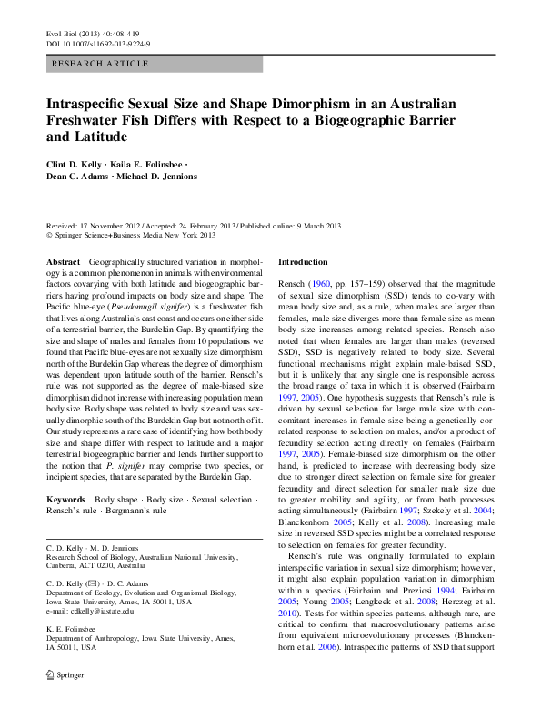 (PDF) Intraspecific Sexual Size and Shape Dimorphism in an Australian ...