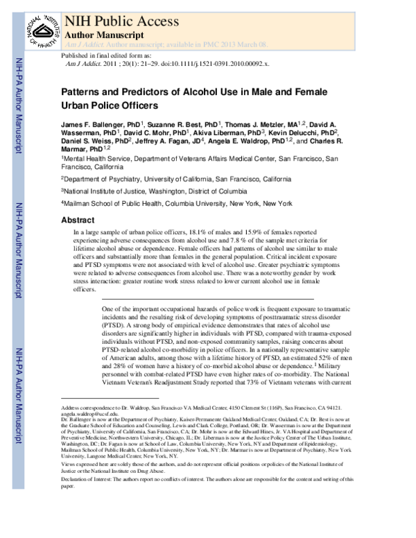 (PDF) Patterns and Predictors of Alcohol Use in Male and Female Urban ...