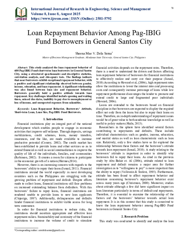 (PDF) Loan Repayment Behavior Among Pag IBIG Fund Borrowers in General ...