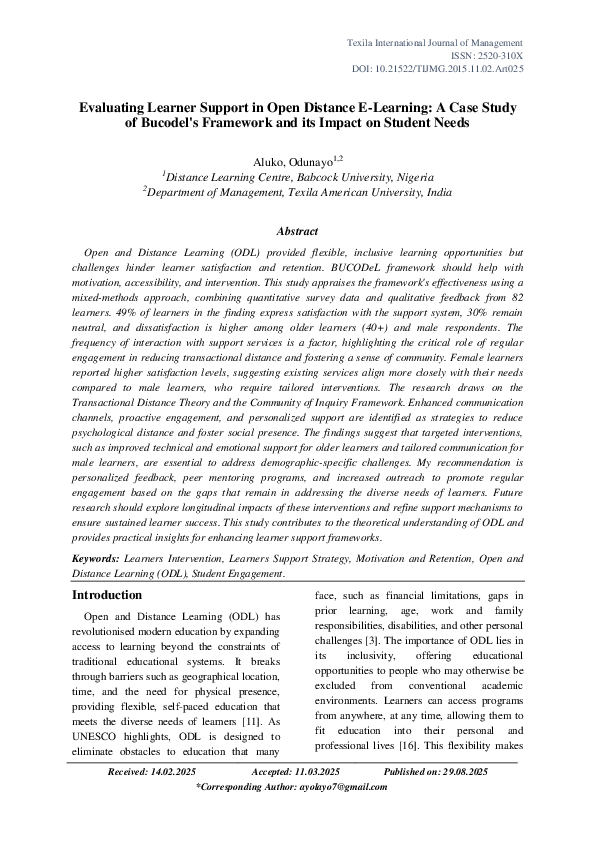 (PDF) Evaluating Learner Support in Open Distance E-Learning: A Case ...
