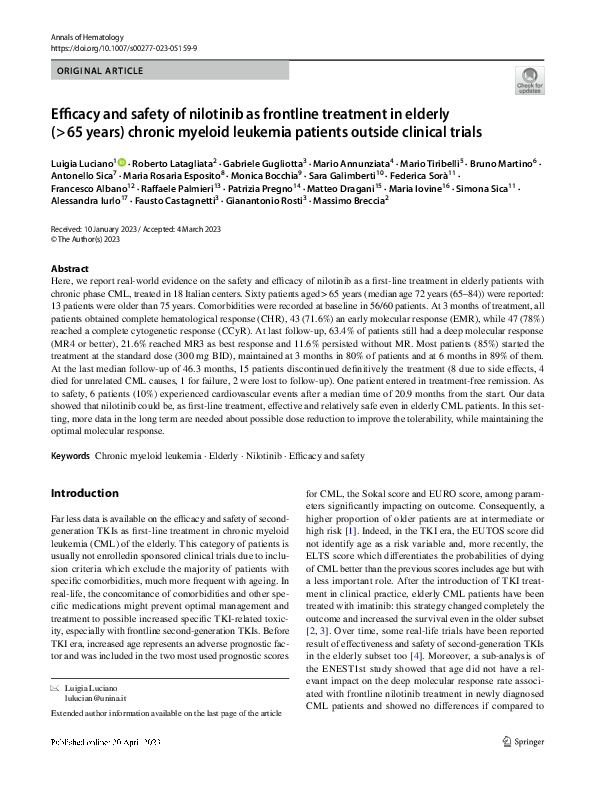 (PDF) Efficacy and safety of nilotinib as frontline treatment in ...