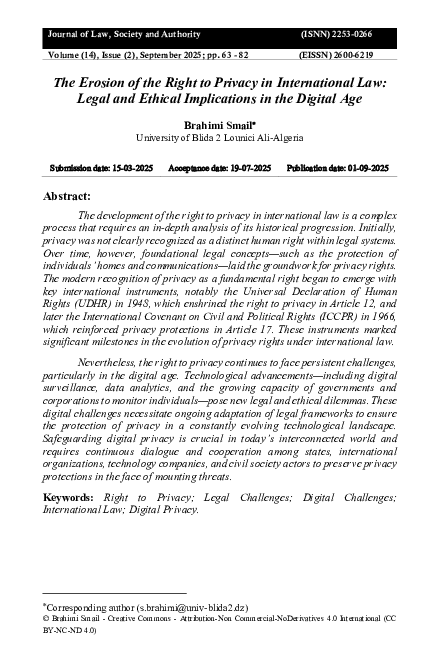(PDF) The Erosion of the Right to Privacy in International Law: Legal ...