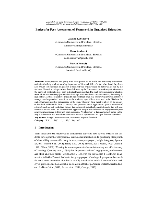 (PDF) Badges for Peer Assessment of Teamwork in Organized Education