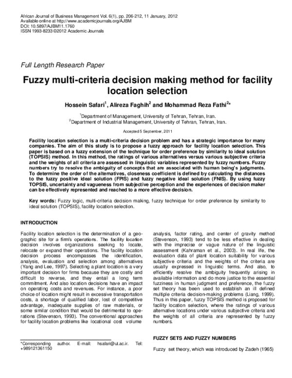 (PDF) Fuzzy multi-criteria decision making method for facility location ...