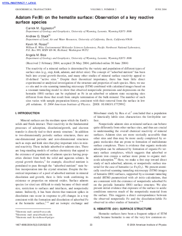 (PDF) Adatom Fe(III) on the hematite surface: Observation of a key ...