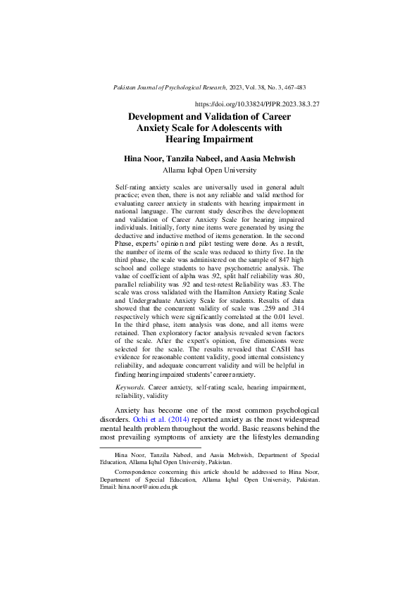 (PDF) Development and Validation of Career Anxiety Scale for ...