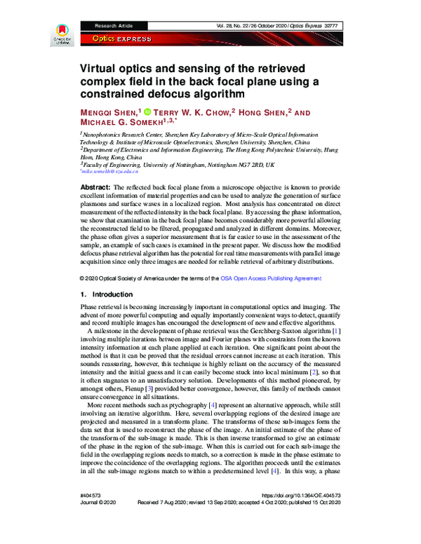 (PDF) Virtual optics and sensing of the retrieved complex field in the ...