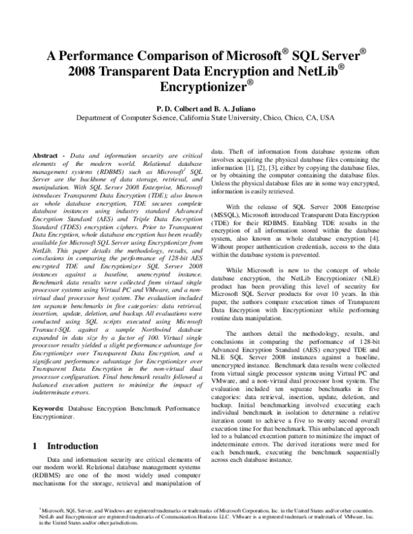 (PDF) A Performance Comparison of Microsoft SQL Server 2008 Transparent ...