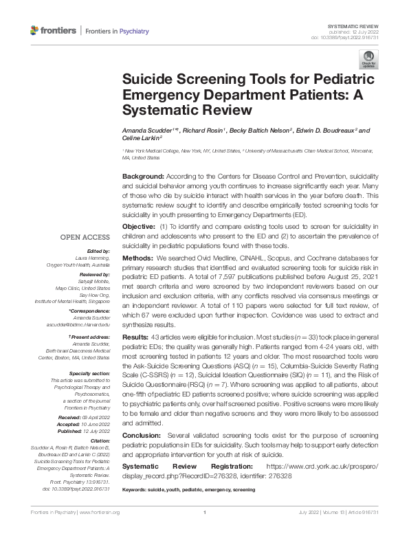 (PDF) Suicide Screening Tools for Pediatric Emergency Department ...