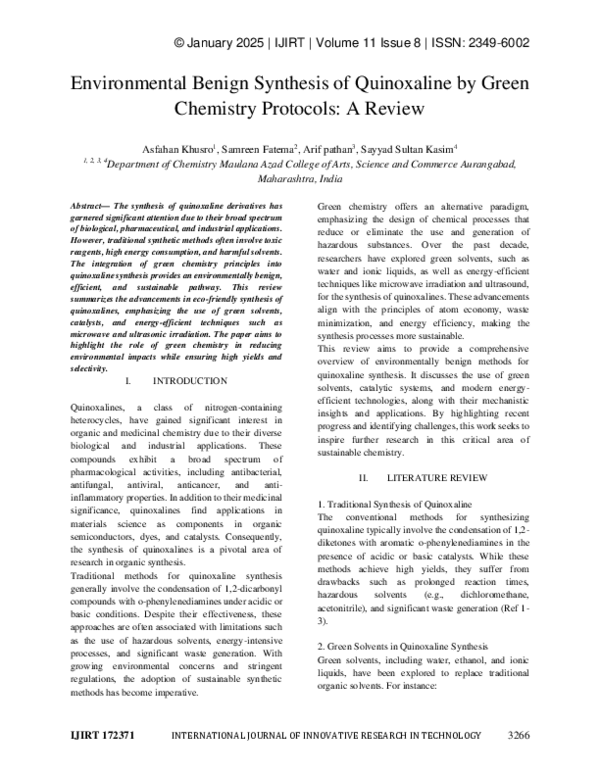 (PDF) Environmental Benign Synthesis of Quinoxaline by Green Chemistry ...